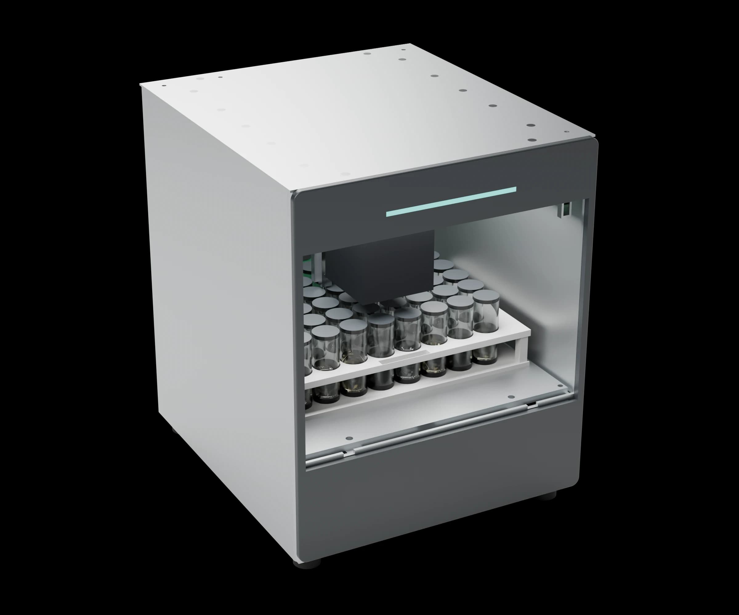 Autosampler with the door removed, showing the vial rack