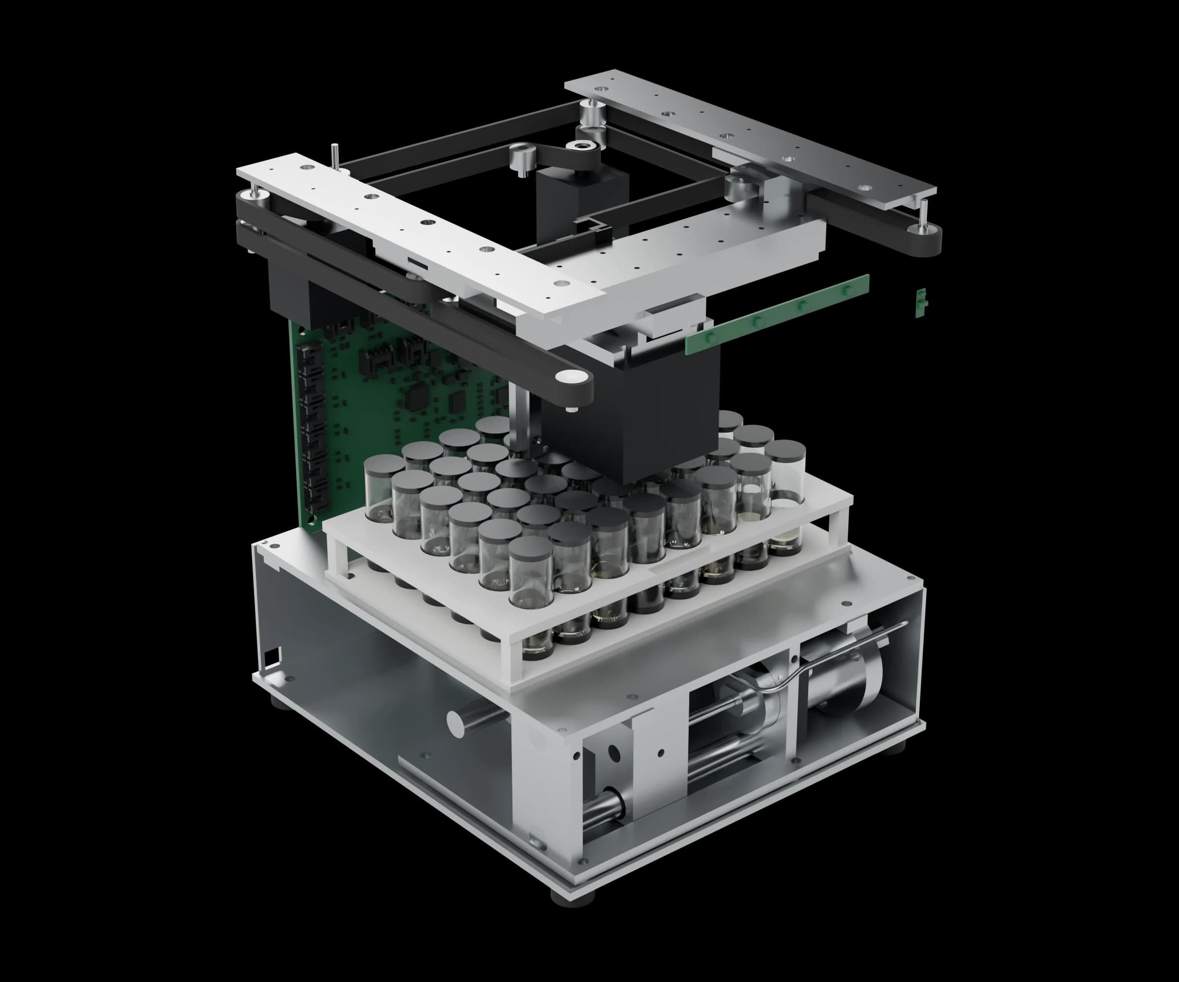 Inside the autosampler: CoreXY gantry, needle axis, valve and syringe cartridge